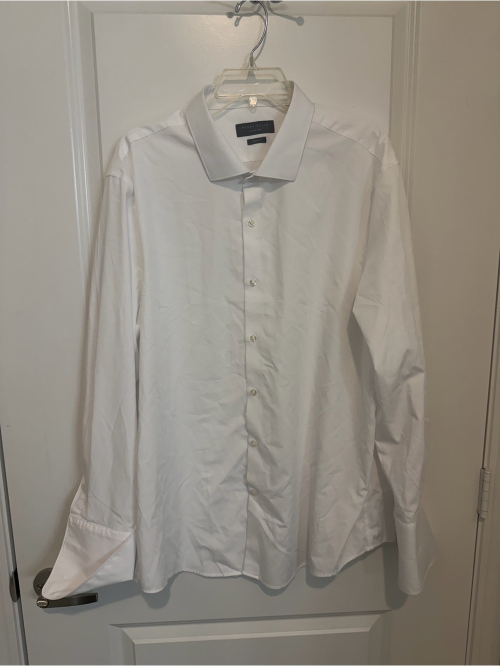 Perry Ellis Premium White Herringbone French Cuff Dress Shirt 18 34/35 Slim NWOT
